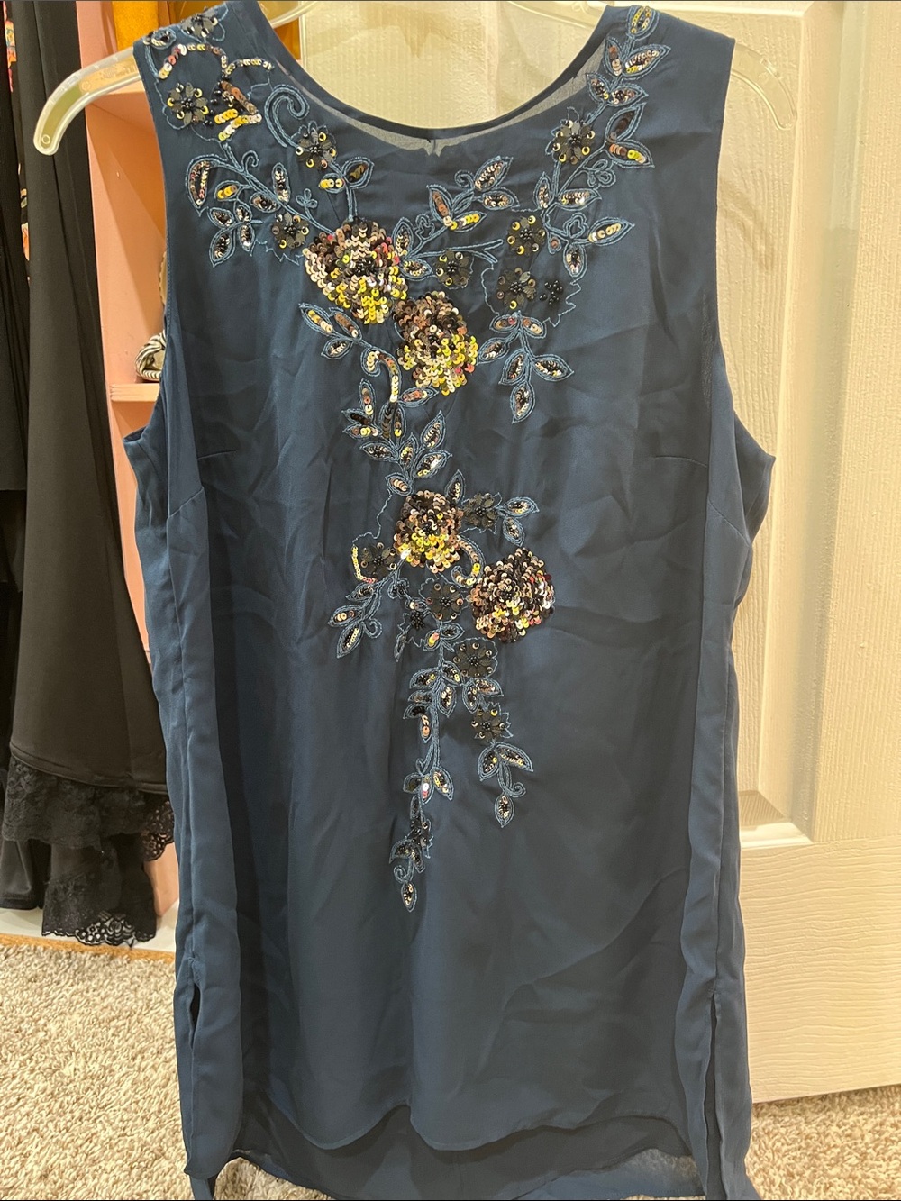 White House Black Market Navy Sleeveless Dress with Sequin Floral Embellishment